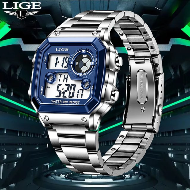LIGE Digitaluhr, Edelstahl, Eckig, Blau, Herren - Bild 1