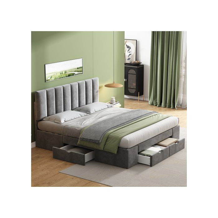 Gepolstertes Bett MUVOE in Grau aus Samt mit 4 Schubladen, B/T/H: 160 x 200 cm - Bild 2