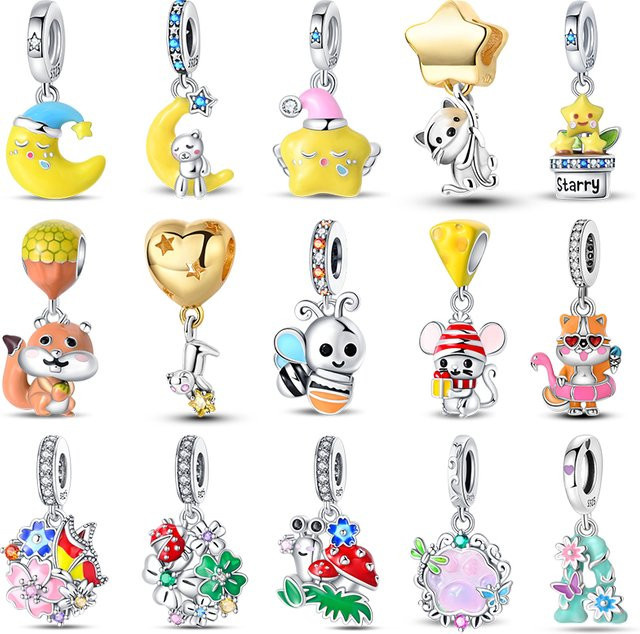 Pandach Charms 925 Silber, Perle, Blumen, Sterne, Unisex - Bild 1
