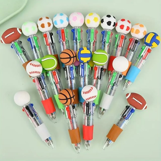 Mehrfarbiges Kugelschreiber-Set mit Sportmotiv Fußball Basketball Rugby in 10 Teilen - Bild 1