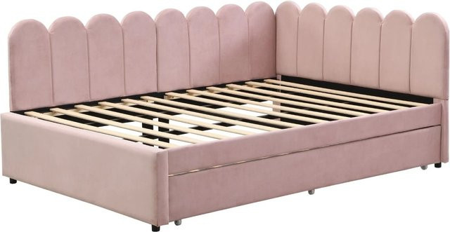 KOMHTOM L-förmiges Polsterbett Schlafsofa mit Ausziehbett und geblümter Rückenlehne aus Samt in Rosa, B/T/H: 140 x 200 cm - Bild 1