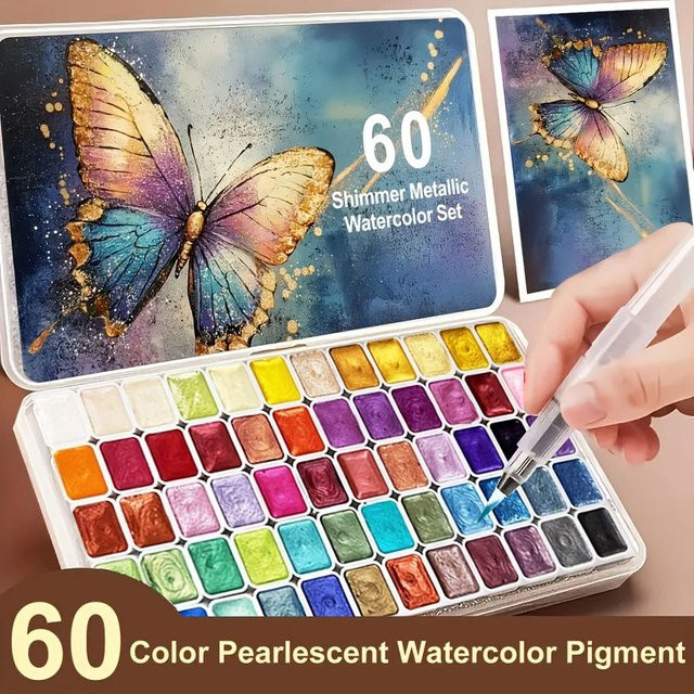 Aquarellfarben-Set mit 60 Farben in einer tragbaren Metallbox und Funkel-Perlen-Effekt, Mehrfarbig - Bild 1