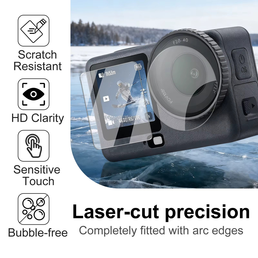 DJI Osmo Action 6 Zubehörset mit 9H gehärtetem Glas als ultraklares Kameraobjektiv und Displayschutzfolie in Transparent - Bild 4