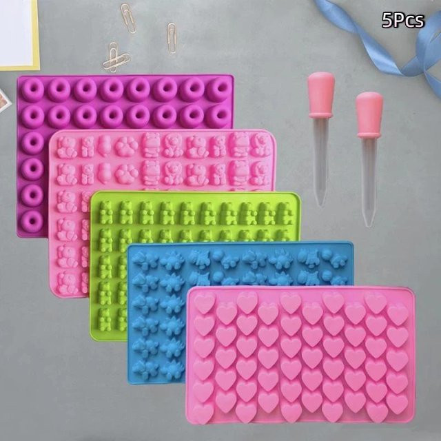 Set aus 1 bis 5 Silikonformen für Gummibärchen und Gelee inklusive 2 Tropfern zum Selbermachen von Süßigkeiten - Bild 1