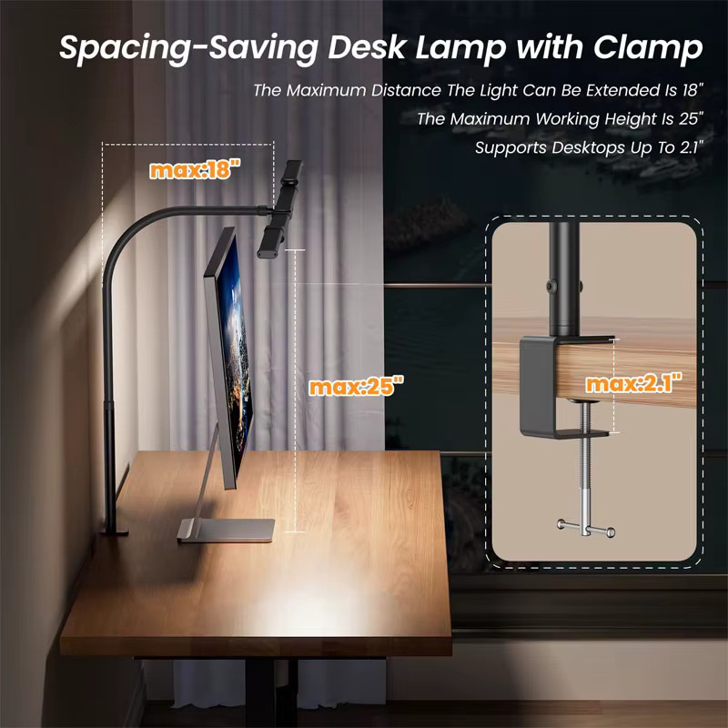 TLEDMP LED-Schreibtischlampe in Schwarz mit stufenloser Dimmung, flexibler Klemmhalterung und verstellbarem Schwanenhals für Home-Office und zum Lesen - Bild 4