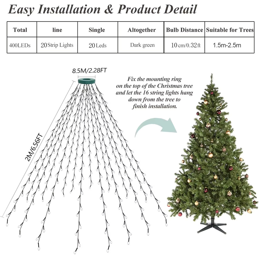 Arbrac LED Lichterkette mit 400 LEDs in Warmweiß für Weihnachtsbaum und Garten mit 8 Modi - Bild 2