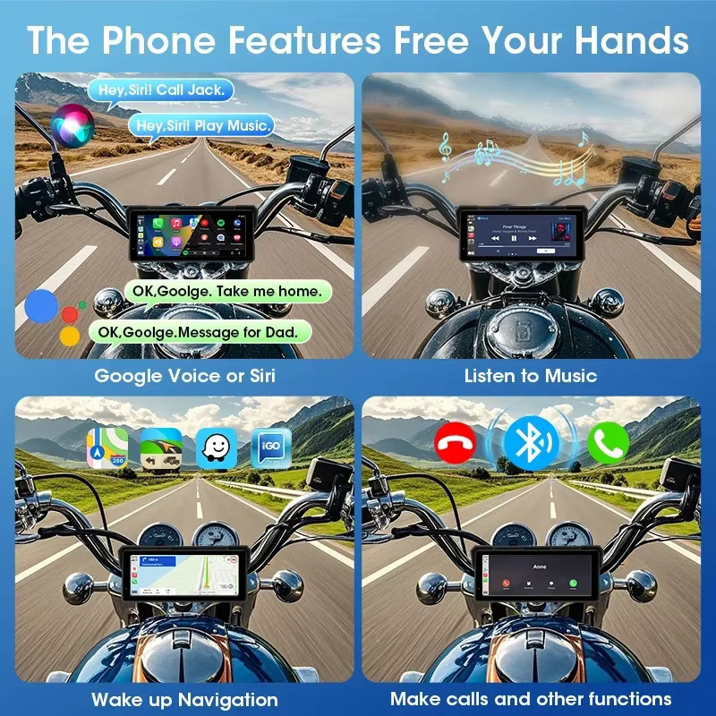 JMCQ Motorrad GPS Navigation mit 8,1 Zoll Display, Drahtlose CarPlay und Android Auto Unterstützung, IPX7 Wasserdicht, Dual Bluetooth, 4K + 1080P DVR Dashcam, Schwarz - Bild 4