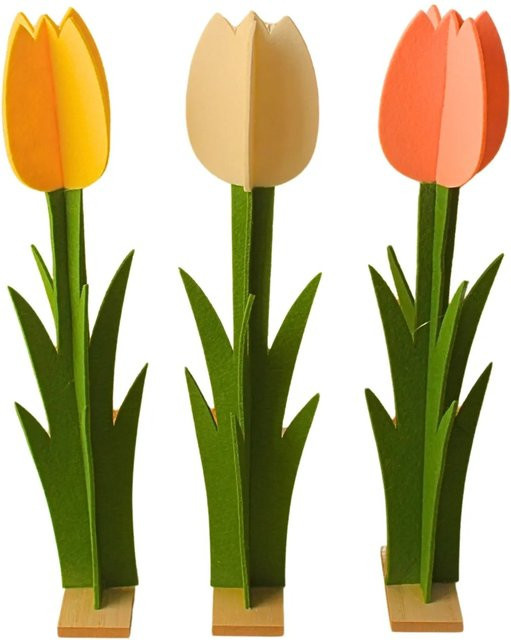 3er Set Deko Tulpen aus Filz mit Holzfuß von Dekohelden24 in Gelb, Pink und Weiß, H x B x T: 34 x 7 x 4 cm - Bild 1