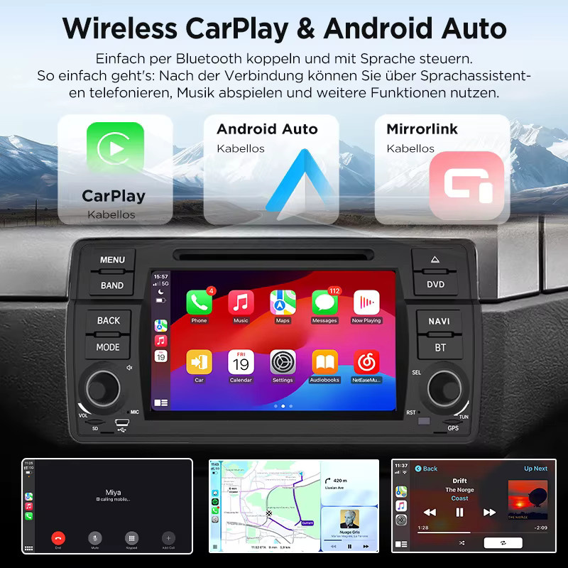 Junsun Android Autoradio mit 7 Zoll IPS-Bildschirm für BMW E46 M3 318 320 325 330 335 (1998-2006) mit kabellosem Apple CarPlay in Schwarz - Bild 3