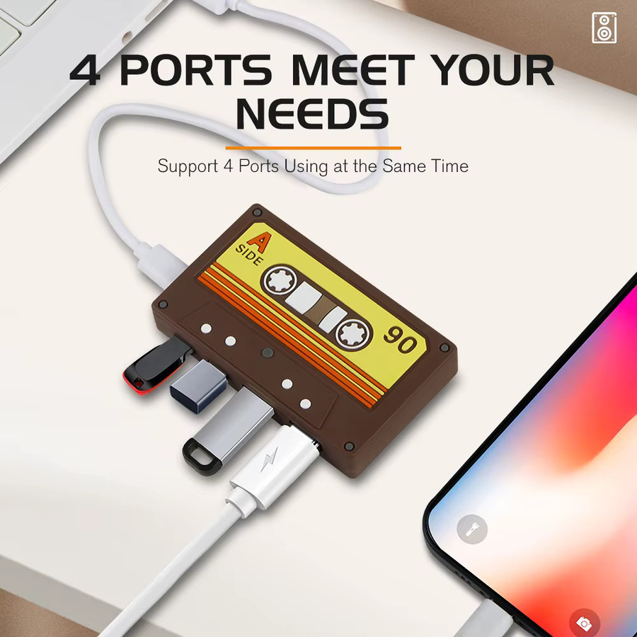 FocusOnPC Retro Kassetten USB-C-Hub 4-Port mit 2 USB-A und 2 USB-C Anschlüssen USB 2.0 Datenübertragungsadapter für Laptop und PC - Bild 3