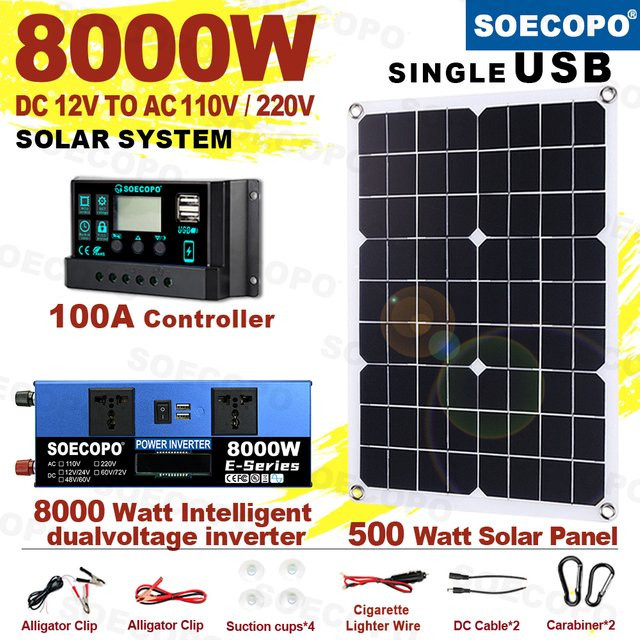 Soecopo 8000 W Solarsystem mit 100 A Controller und 500 W Panel für Zuhause, Wohnmobil und Camping, DC 12 V/24 V bis 110 V/220 V Wechselrichtersystem, CE-zertifiziert - Bild 1