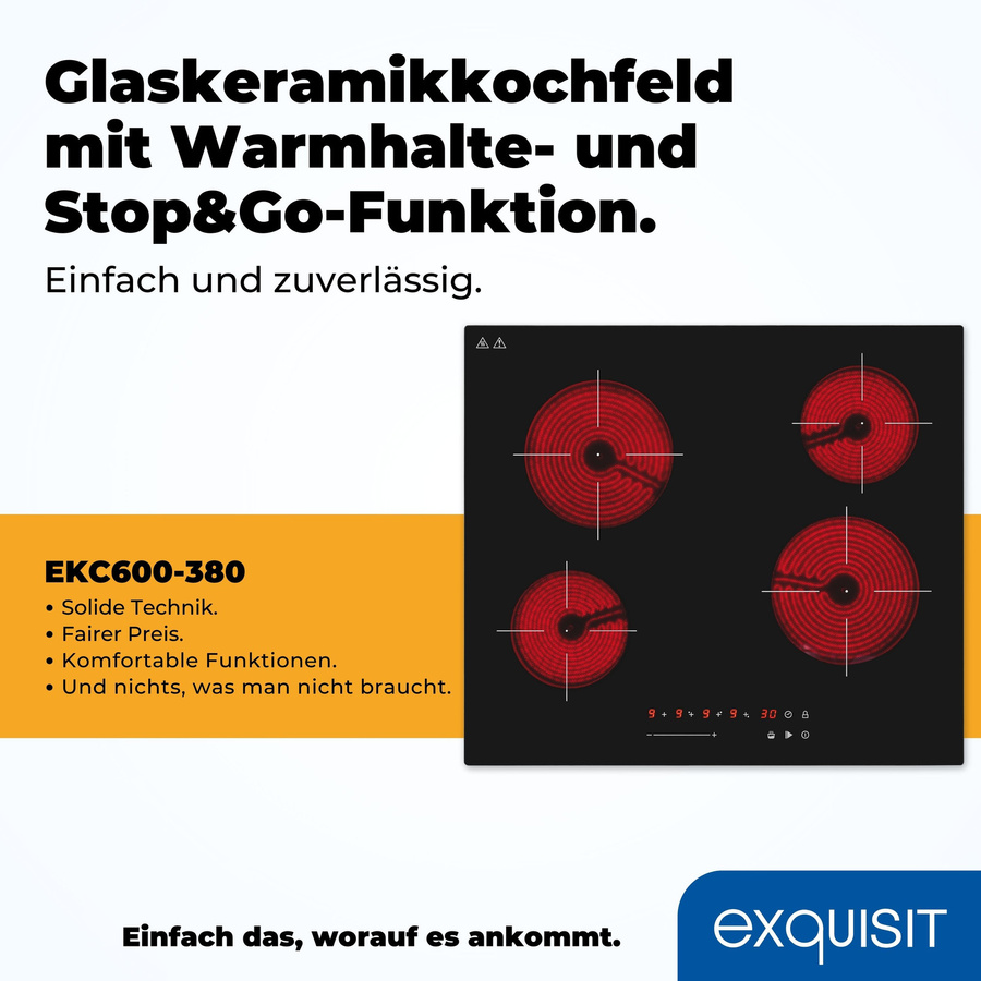 Exquisit EKC600-380 Glaskeramik-Kochfeld in Schwarz, Einbaukochfeld mit Kindersicherung und Restwärmeanzeige, B/T/H: 59,0 x 52,0 x 5,2 cm - Bild 2