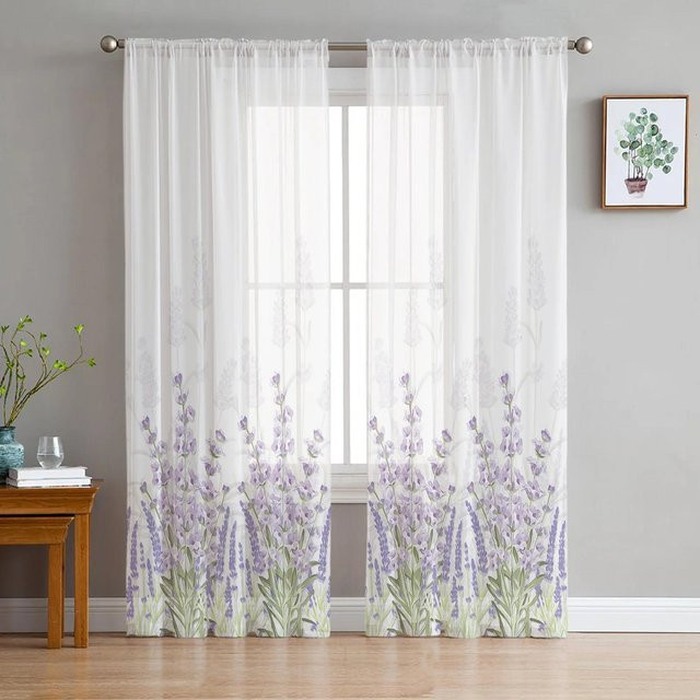 Yiran Furniture Transparente Tüll-Vorhänge mit Lavendel-Blumenmuster in Lila und Weiß, Breite: 135 cm, Höhe: 137 cm - Bild 1