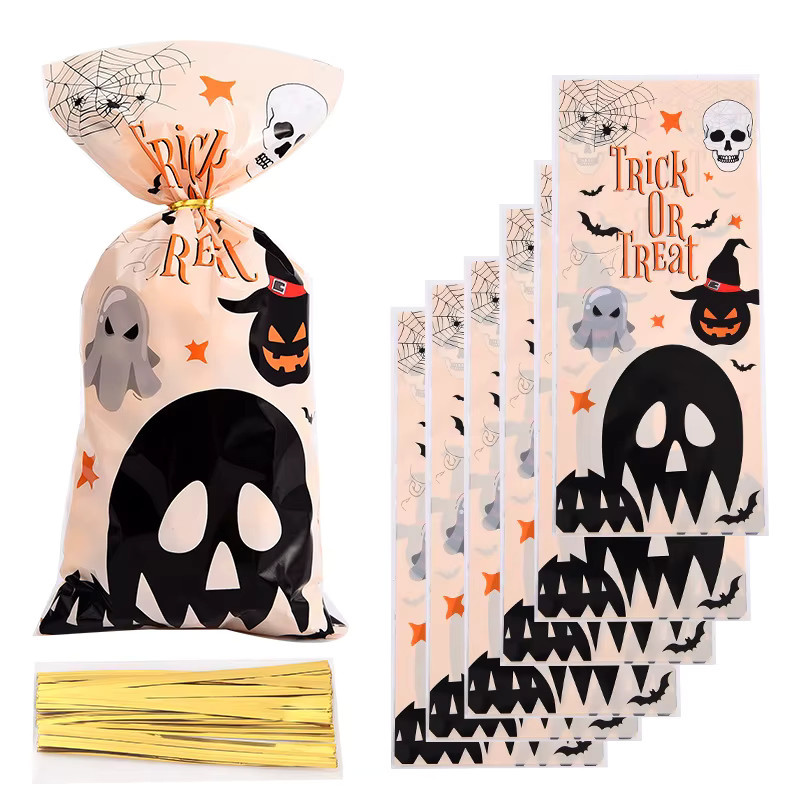 WEIGAO Halloween Süßigkeiten Taschen Set mit Geist und Kürbis Motiv, 50 Stück bunte Kunststoff Beutel für Kinder als Party Dekoration und Geschenkverpackung - Bild 4