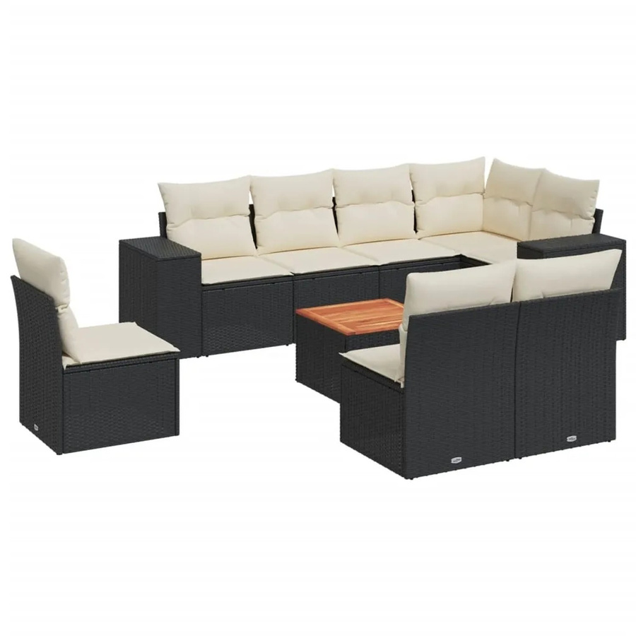 vidaXL 9-tlg Garten-Sofagarnitur in L-Form aus Polyrattan und Akazienholz mit Kissen, Schwarz - Bild 2