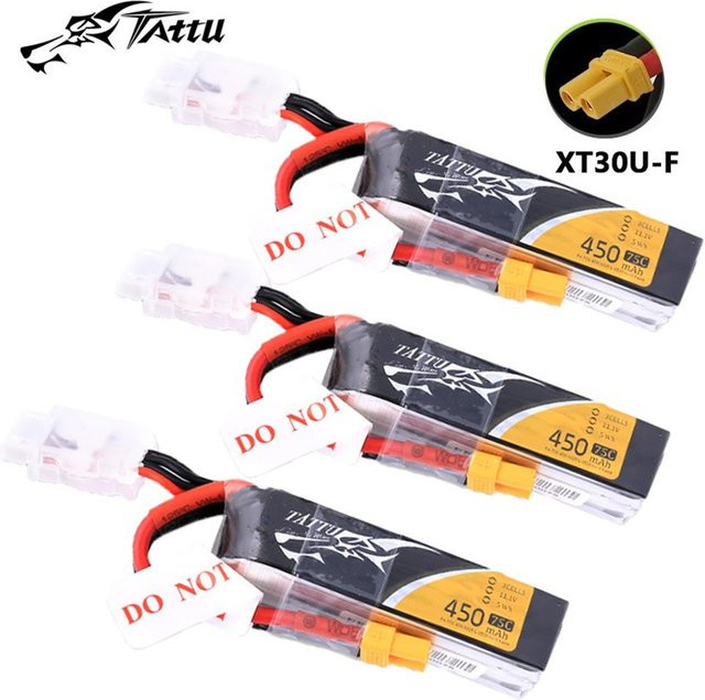 TATTU Li-Ion Akku 450 mAh 11,1 V 3S 75C mit XT30 Anschluss für RC Hubschrauber, Quadcopter und FPV Racing Drohnen, Schwarz - Bild 1