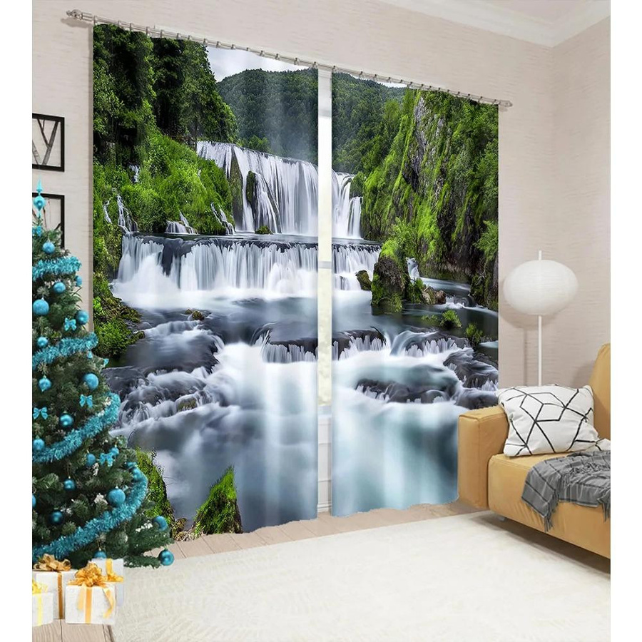 Yiran Furniture Vorhänge mit Naturlandschaft Wald und Wasserfall, 2er-Set, halbtransparent, Mehrfarbig, Breite: 65 cm, Höhe: 60 cm - Bild 2