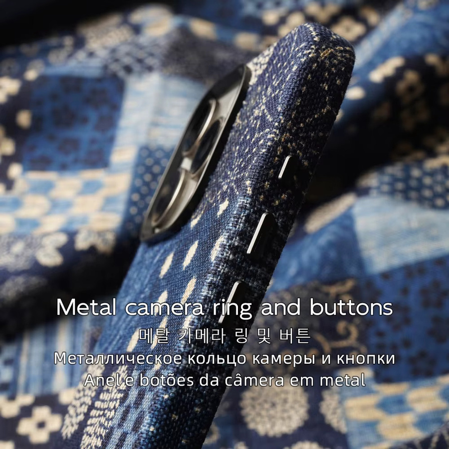 YMW Magnetische iPhone Hülle aus japanischem Baumwollstoff in Blau für iPhone 17, 16 Pro Max und 15 im Retro-Design - Bild 3