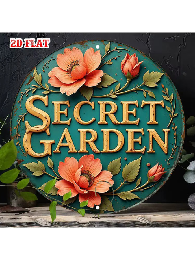 Potdemiel Secret Garden Rundes Aluminiumschild mit floralem Design in Orange und Grün, Rustikale Vintage-Metallwandkunst - Bild 5