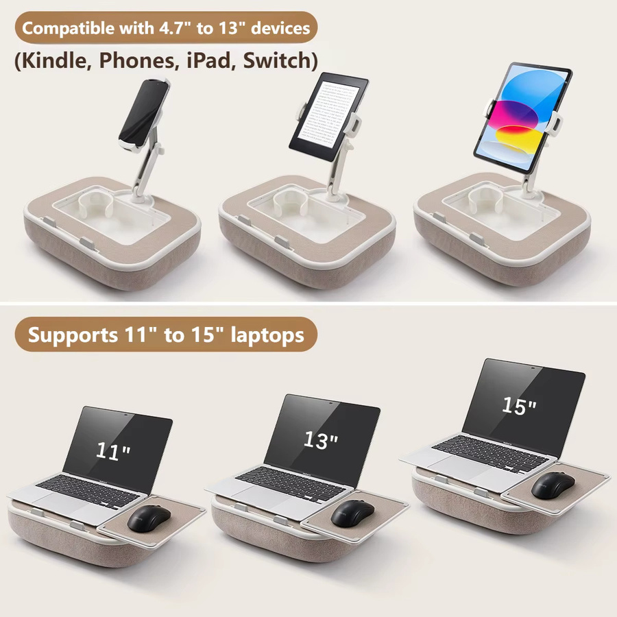 Oatsbasf Kissen-Tablet-Ständer mit Stauraum und 360 Grad drehbarem Clip für Handys, Tablets, Kindle und Laptops bis 15 Zoll in Beige - Bild 3