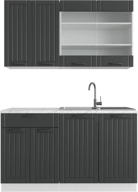 Vicco Fame-Line Singleküche Landhausstil in Anthrazit und Weiß mit Marmor-Optik, Breite: 140 cm - Bild 1