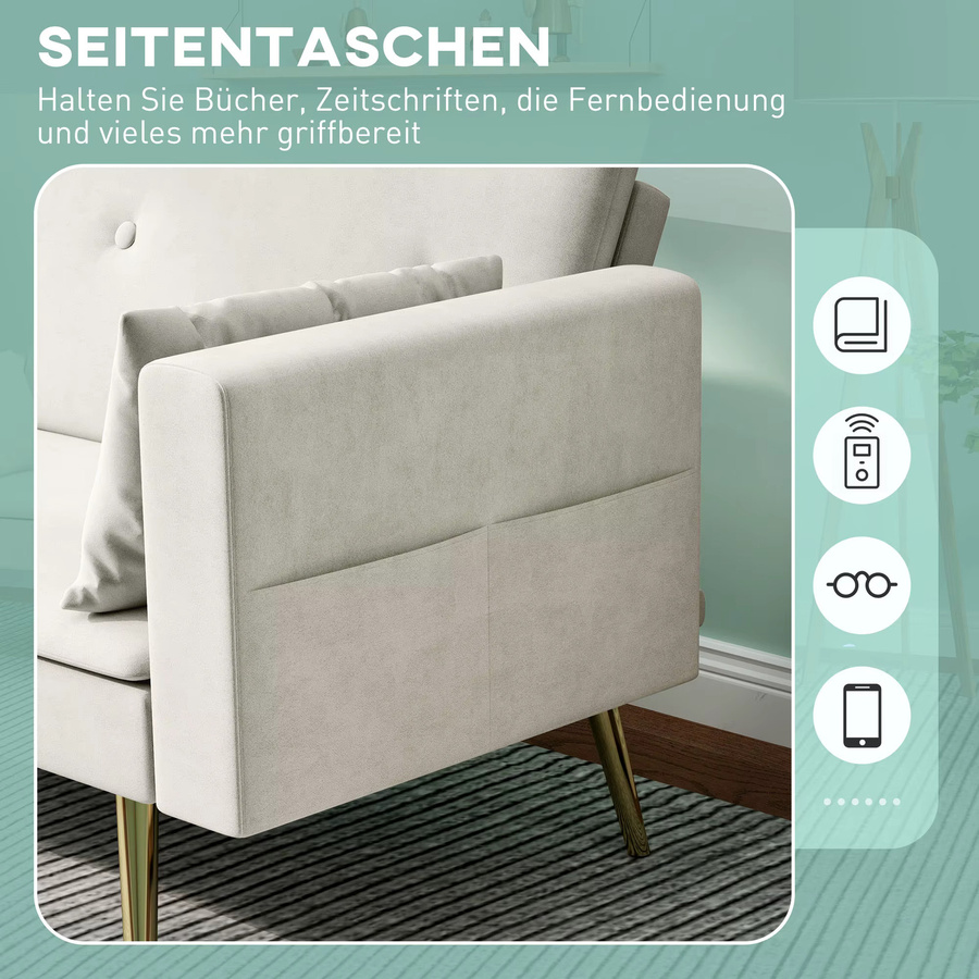 HOMCOM Schlafsofa Beige mit verstellbarer Rückenlehne und Seitentaschen, gepolstertes 2er-Sofa mit Schlaffunktion und Kissen für Wohnzimmer und Schlafzimmer - Bild 3