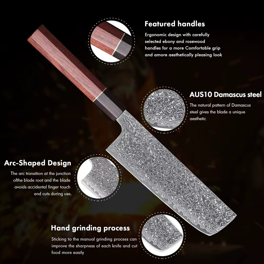 DASHWAY Nakiri Kochmesser aus Damaszener Stahl mit Holzgriff, handgefertigtes Profi-Küchenmesser für Fleisch und Gemüse, 16,5 cm - Bild 5