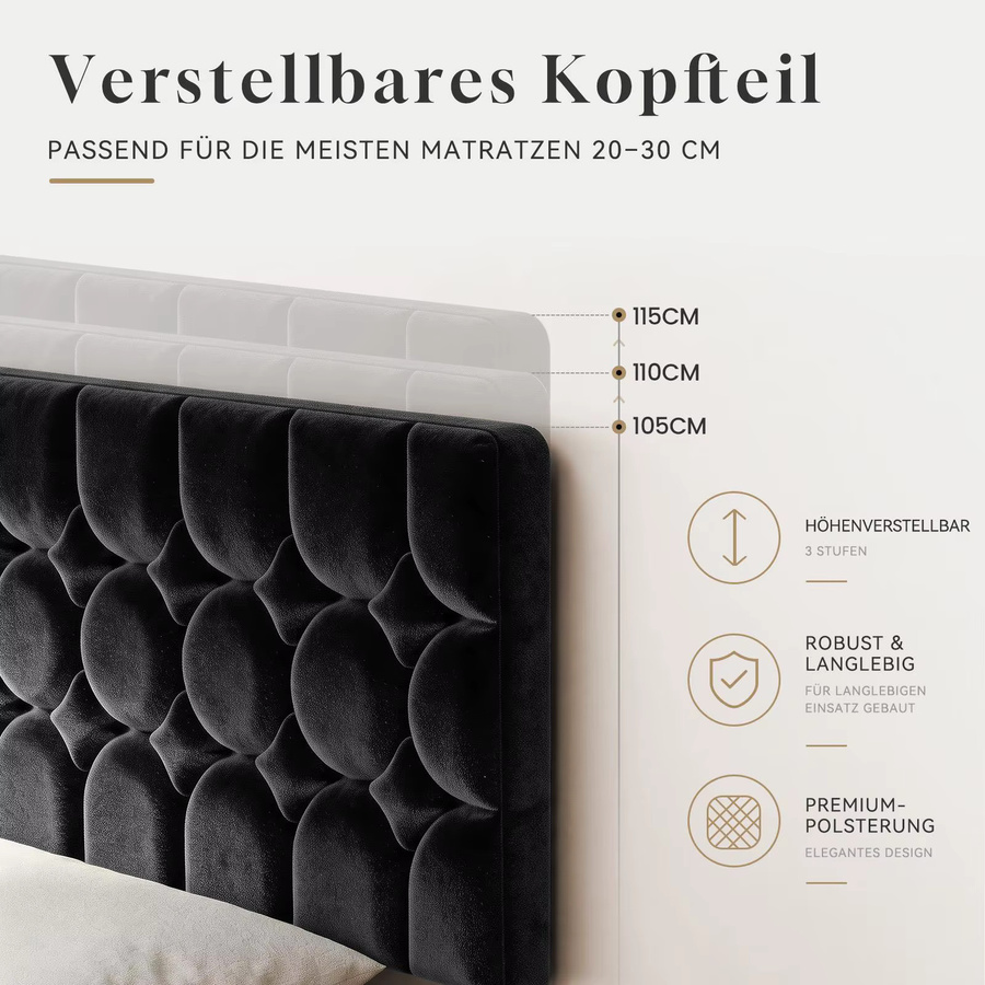 KUTAS Einzelbett aus Metall mit gepolstertem Kopfteil in Grau, Samt, B/T: 90 x 200 cm - Bild 2