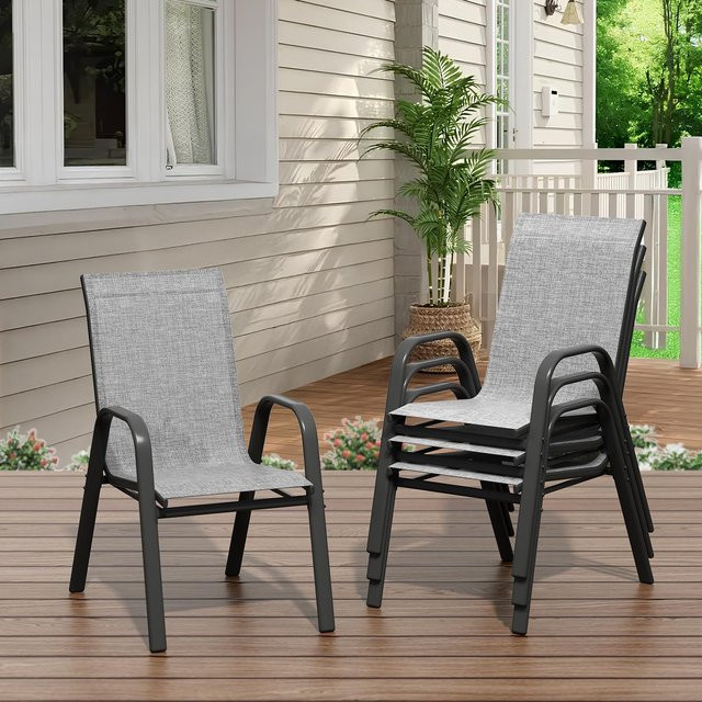 HiMiss 4er-Set stapelbare Terrassenstühle mit hoher Rückenlehne und Armlehnen aus grauem Textilene-Gewebe und Metallgestell - Bild 1