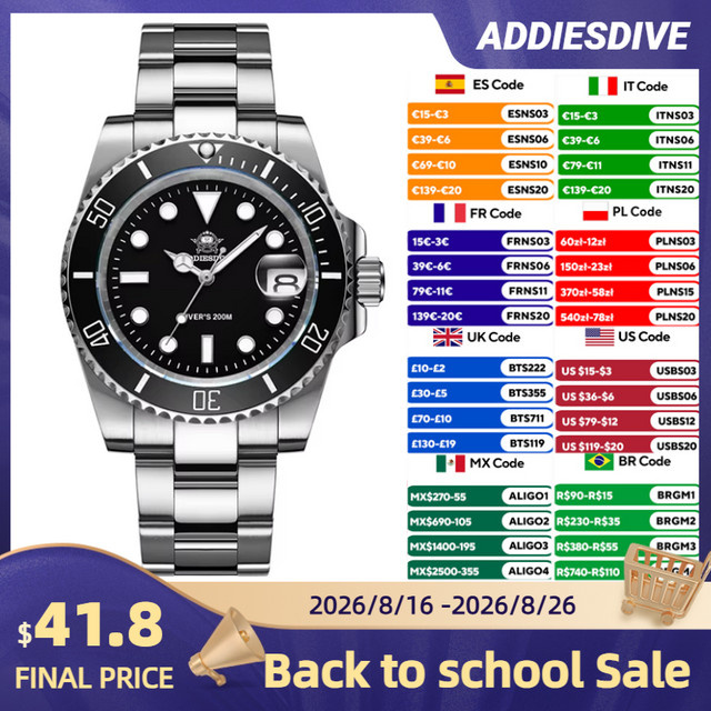 ADDIESDIVE Taucheruhr, Quarz, Edelstahl, Keramiklünette, 20 ATM, Unisex - Bild 1