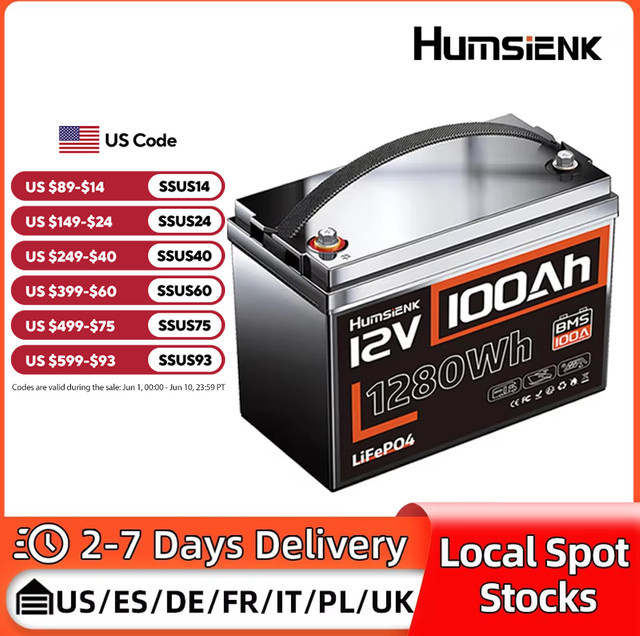 Humsienk Lithium-Eisenphosphat-Akku 12 V 100 Ah mit integriertem 100 A BMS in Schwarz - Bild 1