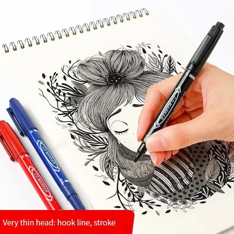 Kissbuty Permanent Marker Set mit Doppelspitze, wasserfeste Fettfarbe in Schwarz und Rot, Fein- und Breitspitze für Zeichnungen und Beschriftungen - Bild 4