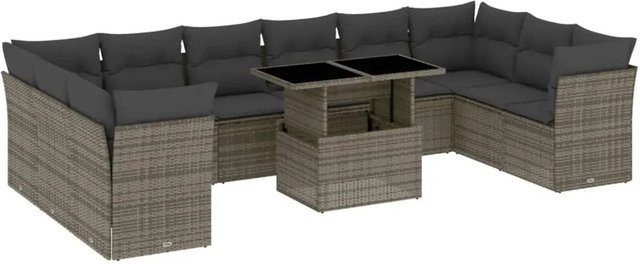 vidaXL 11-tlg. Garten-Sofagarnitur aus Polyrattan in Grau mit Kissen und Tisch, L-Form - Bild 1