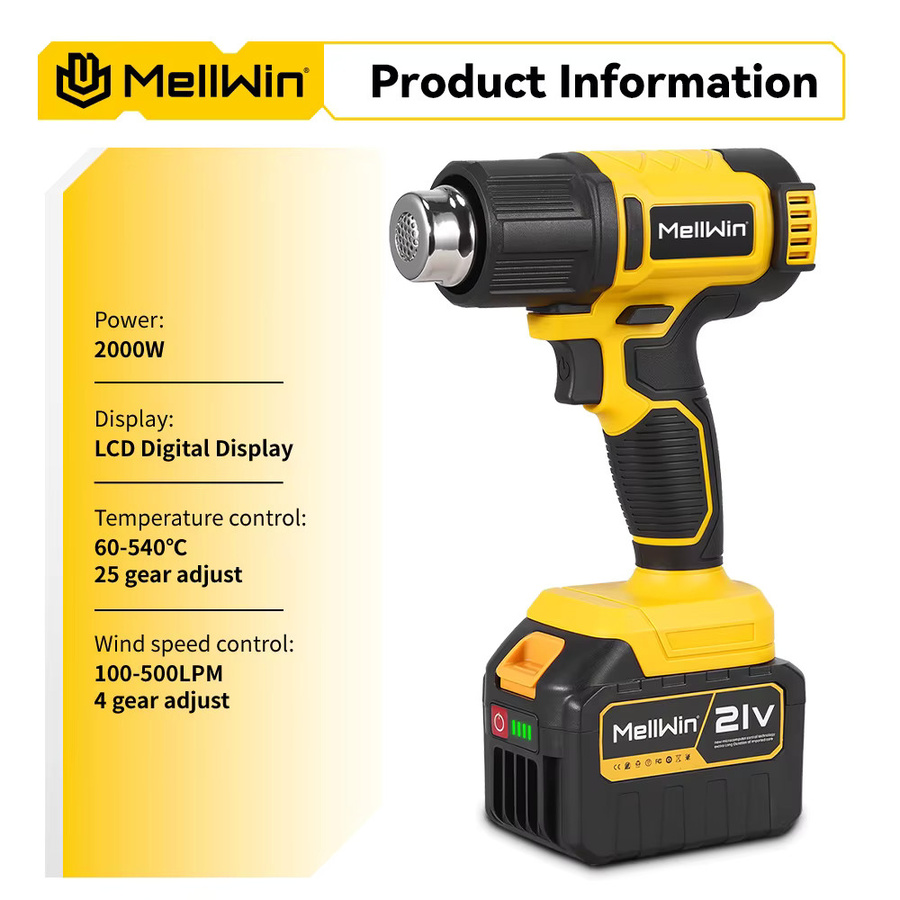 MELLWIN Kabellose industrielle Heißluftpistole Gelb, 25-stufig einstellbar bis 540 °C, kompatibel mit Makita 18V Akku für Autofolien, Löten und Schrumpffolien - Bild 2