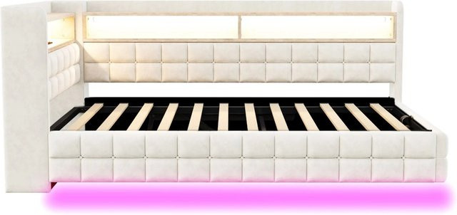Merax Schlafsofa Beige mit USB-Anschluss, LED-Beleuchtung und Stauraum, B/T/H: 90 x 200 x 48 cm - Bild 1