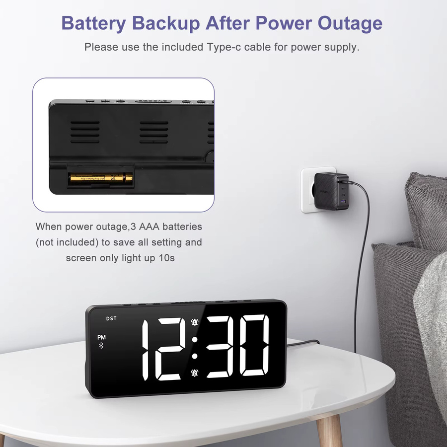 ORIA 7 Zoll LED-Wecker mit Bluetooth-Synchronisierung, digitaler Wecker mit Dual-Alarm und 5 Helligkeitsstufen in Schwarz - Bild 4