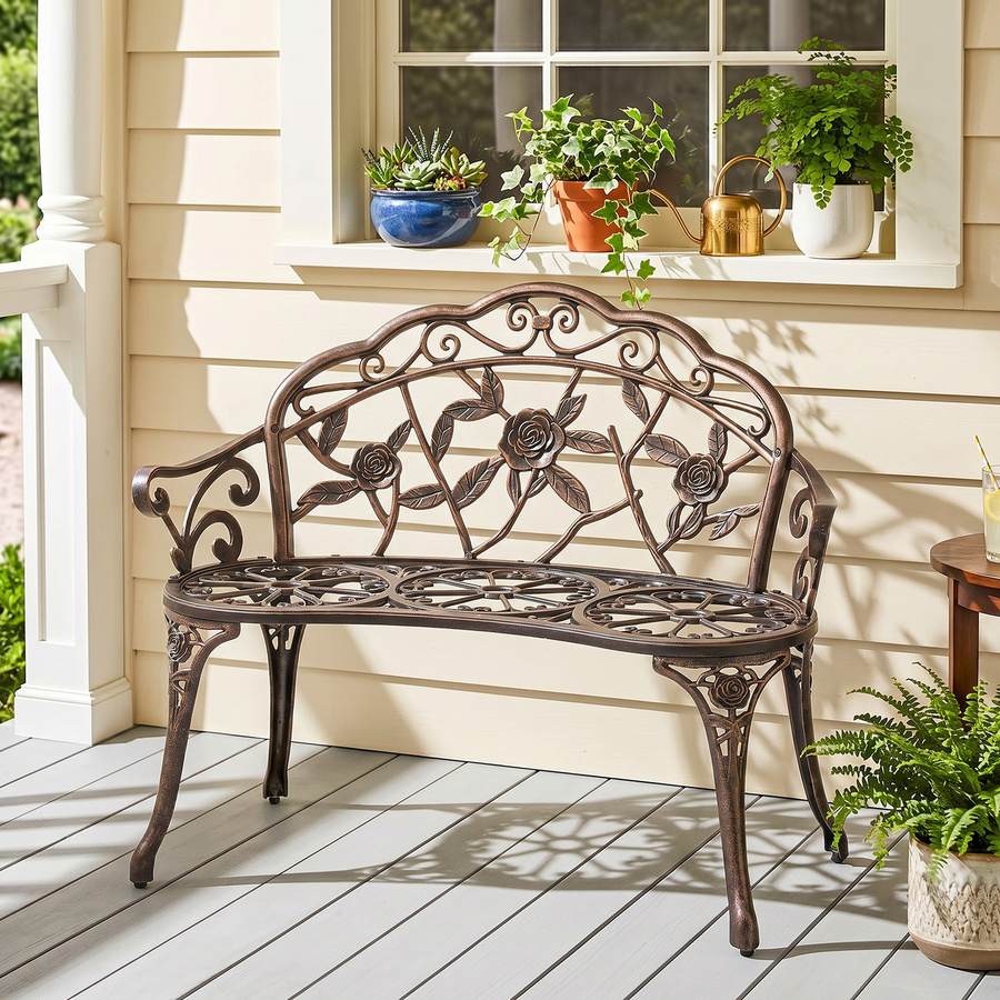 Outsunny Gartenbank 2-Sitzer aus Metall im Retro-Stil mit Blumenmuster in Bronze, B/T/H: 100 x 54 x 78 cm - Bild 2