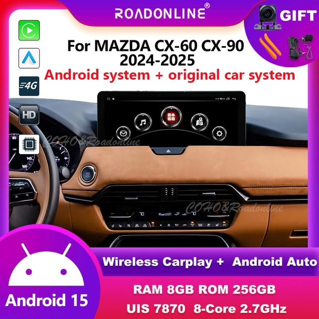 Roadonline Android 15 Multimedia-Player für Mazda CX-60 und CX-90 (2024-2025), 12,3 Zoll, 8-Kern, 8GB RAM, 256GB Speicher, Schwarz - Bild 1