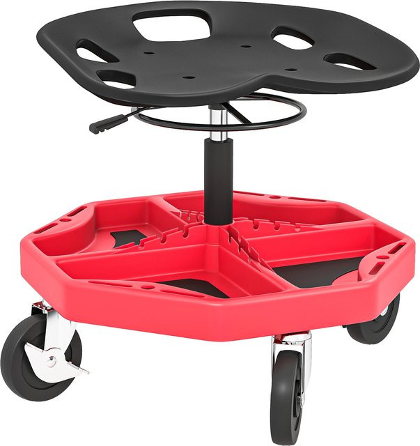 HOMCOM Werkstatthocker mit magnetischer Ablage und Rollen, höhenverstellbar 52–59,5 cm, Belastbarkeit 135 kg, Rot - Bild 1