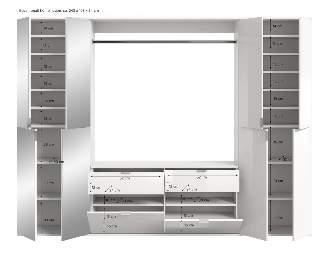 Garderobe mit Spiegel und Schuhschrank Line-Up von Inn.Furn in Eiche, B: 243 cm, H: 193 cm, T: 34 cm - Bild 3