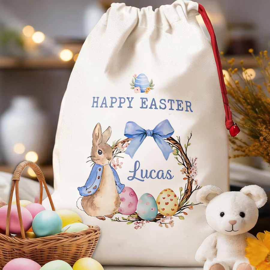 Personalisierte Osterhasen-Geschenktüte mit Blumenmuster und Schleife in Weiß für Kinderpartys und die Eiersuche - Bild 2