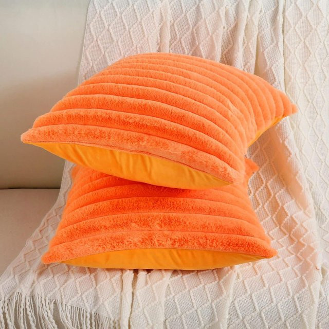 Sunshine SSKY Kissenbezug aus Plüsch im Kaninchenfell-Stil mit vertikalen Streifen, Orange, B/H: 50 x 50 cm - Bild 1