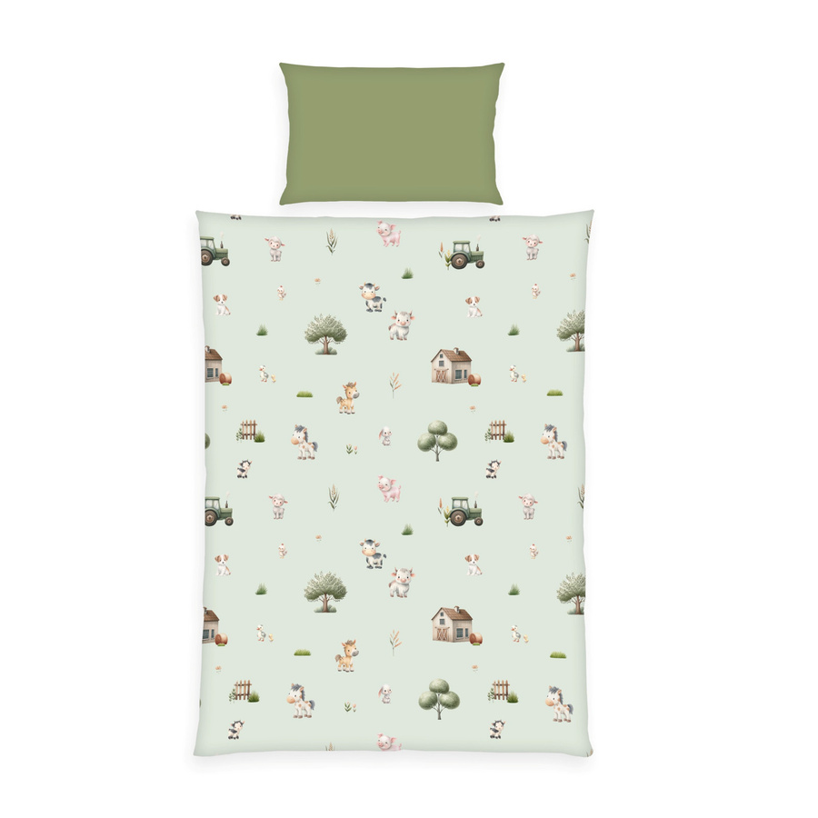 Herding Baby Bettwäsche Flanell Bauernhof Motiv Grün, Bettbezug 100 x 135 cm und Kissenbezug 40 x 60 cm - Bild 1