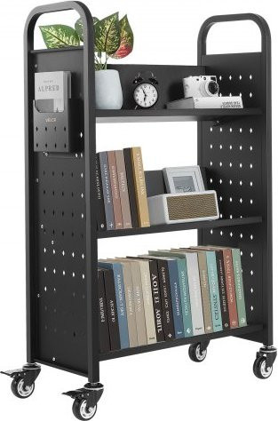 VEVOR Bücherwagen aus Kohlenstoffstahl in Schwarz mit einseitigem V-förmigem Regal und Doppelbremsrollen, B/T/H: 77 x 38 x 122 cm - Bild 1