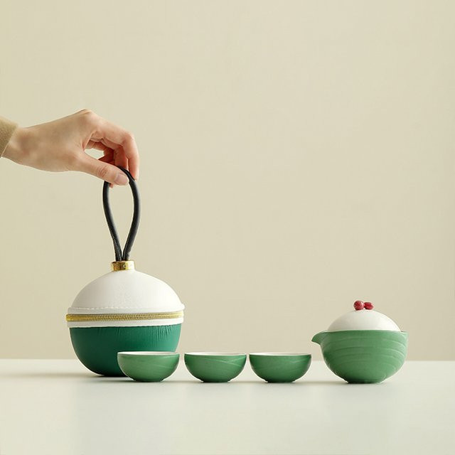 WENZHE Tragbares Reise-Tee-Set aus Keramik mit Teekanne und Infuser, Grün - Bild 1