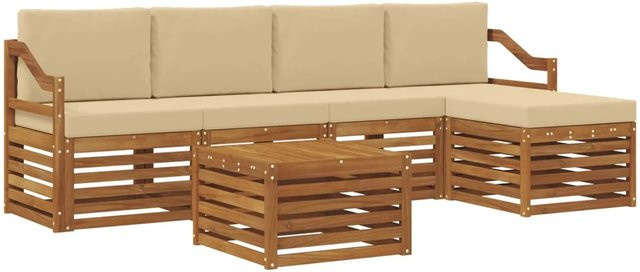vidaXL Sofagarnitur 6-teilig aus Massivholz Akazie in Natur und Beige mit Polsterung und Armlehnen - Bild 1