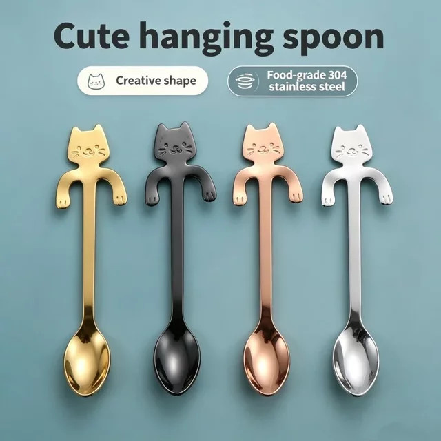 Ouhoe Katzen-Kaffeelöffel aus 304 Edelstahl in Silber, kreativer Teelöffel für Milch und Dessert - Bild 1
