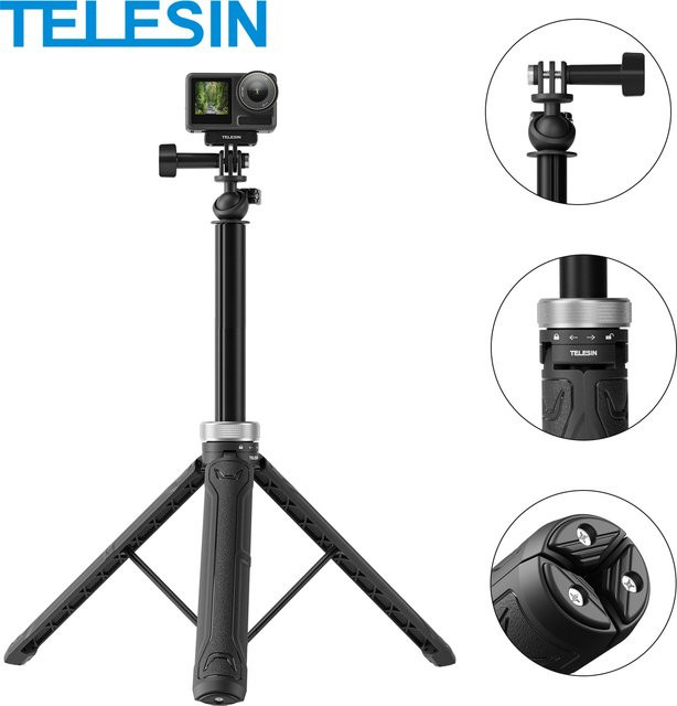 TELESIN 360 Grad rotierbarer Selfie Stick und faltbares Stativ in Schwarz, 1,5 m lang, kompatibel mit GoPro Hero 13 12 11 10 9 8 7 6 5, Insta360 und DJI Osmo Action - Bild 1
