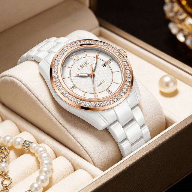 LIGE Armbanduhr Keramik, Quarz, Weiß, Damen - Bild 1