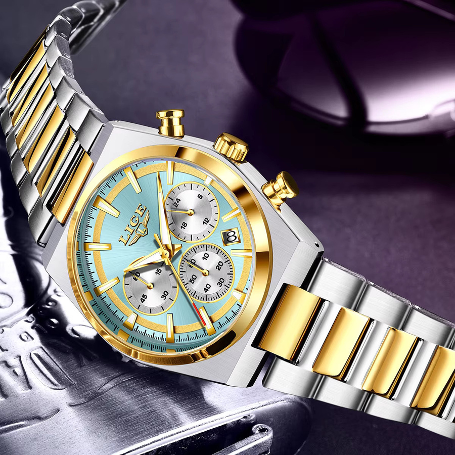 LIGE Armbanduhr Chronograph, Quarz, Edelstahl, Gold, Herren - Bild 4